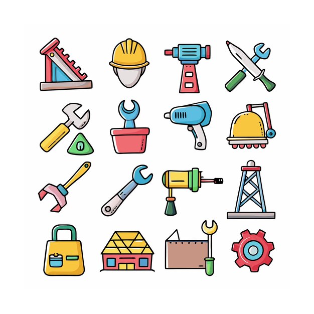 Ilustración vectorial del conjunto de iconos de construcción y herramientas