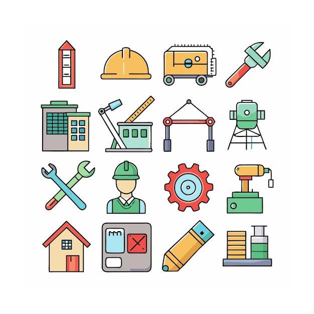 Ilustración vectorial del conjunto de iconos de construcción y herramientas