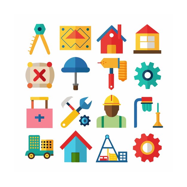 Ilustración vectorial del conjunto de iconos de construcción y herramientas