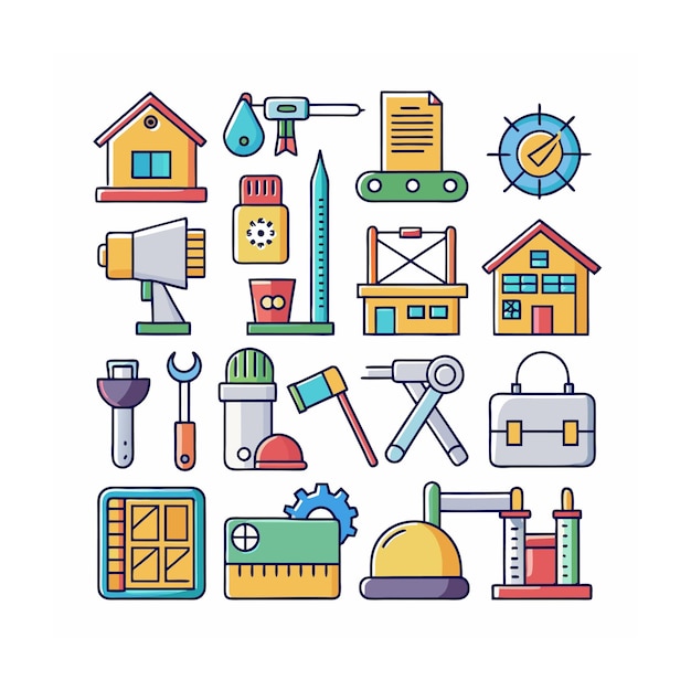 Ilustración vectorial del conjunto de iconos de construcción y herramientas