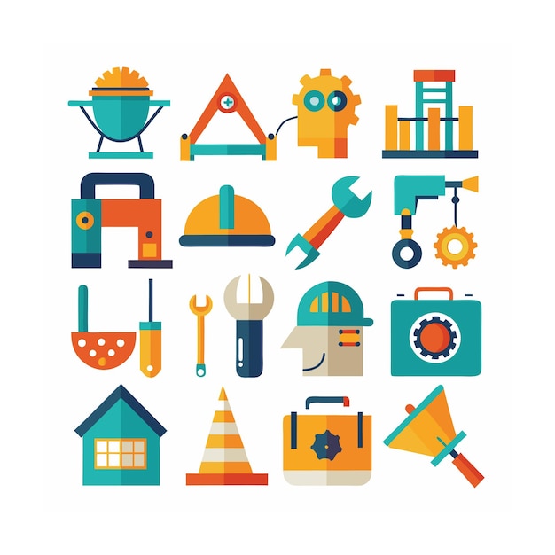 Ilustración vectorial del conjunto de iconos de construcción y herramientas
