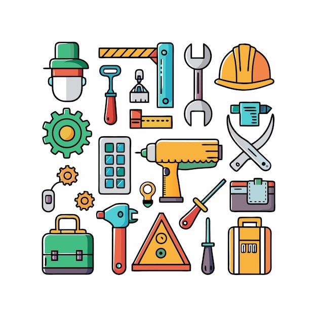 Ilustración vectorial del conjunto de iconos de construcción y herramientas