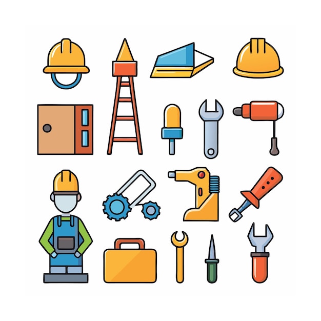 Ilustración vectorial del conjunto de iconos de construcción y herramientas