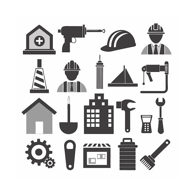 Ilustración vectorial del conjunto de iconos de construcción y herramientas