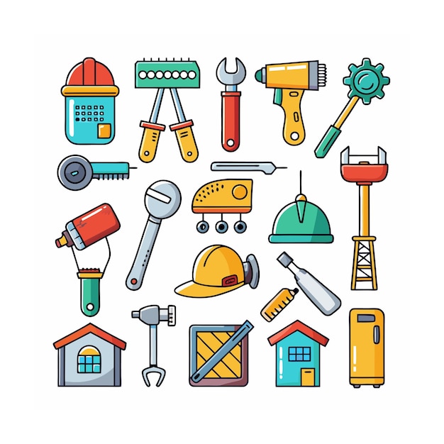 Ilustración vectorial del conjunto de iconos de construcción y herramientas