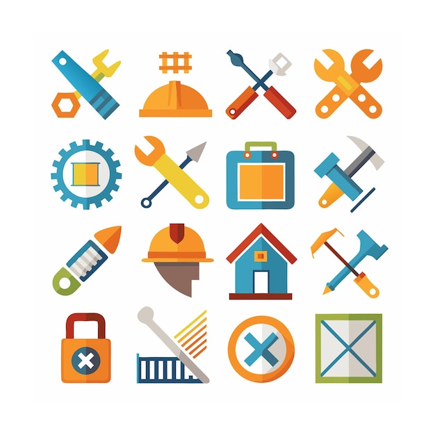 Ilustración vectorial del conjunto de iconos de construcción y herramientas