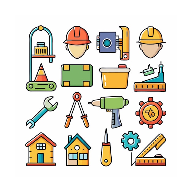 Ilustración vectorial del conjunto de iconos de construcción y herramientas