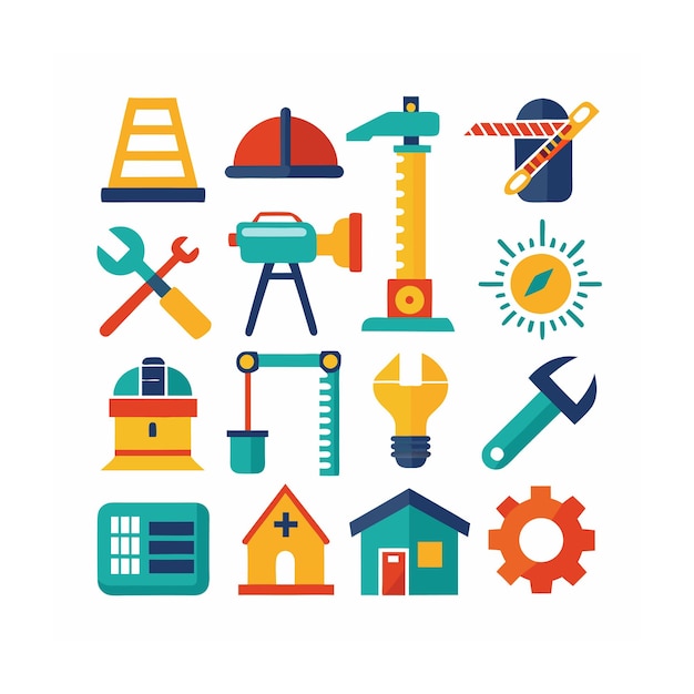 Ilustración vectorial del conjunto de iconos de construcción y herramientas