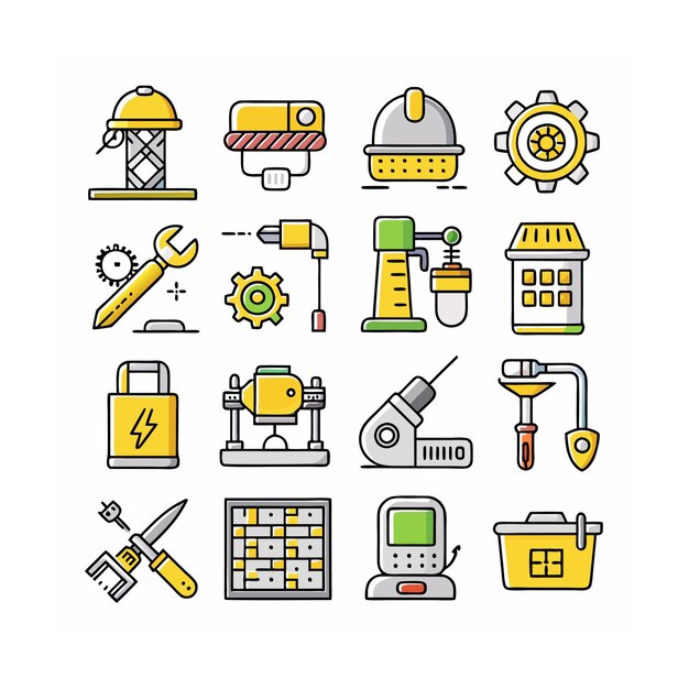Ilustración vectorial del conjunto de iconos de construcción y herramientas