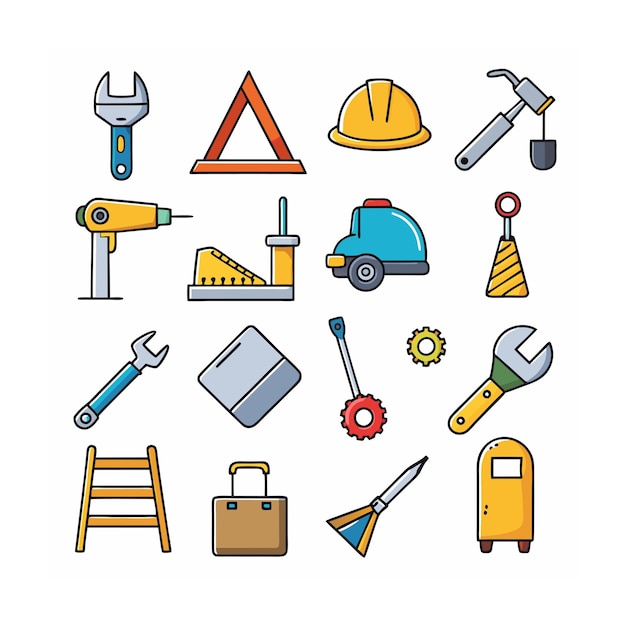Ilustración vectorial del conjunto de iconos de construcción y herramientas