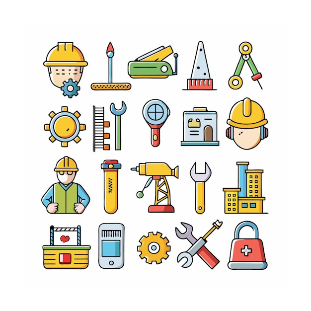Ilustración vectorial del conjunto de iconos de construcción y herramientas