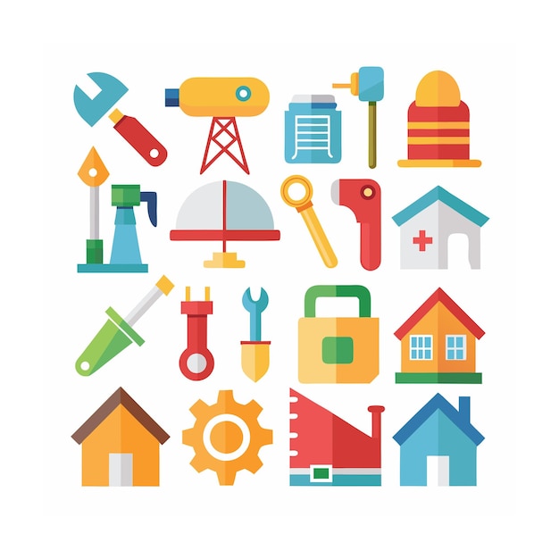 Ilustración vectorial del conjunto de iconos de construcción y herramientas