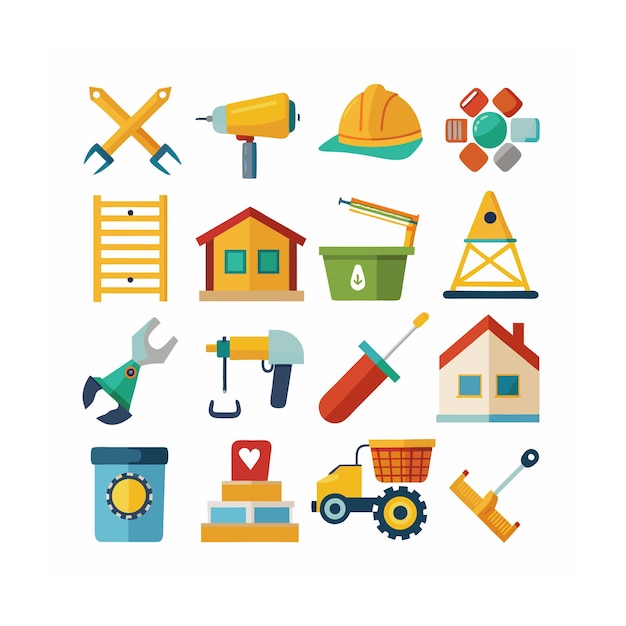 Ilustración vectorial del conjunto de iconos de construcción y herramientas