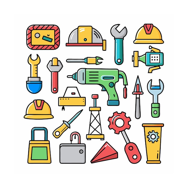 Ilustración vectorial del conjunto de iconos de construcción y herramientas