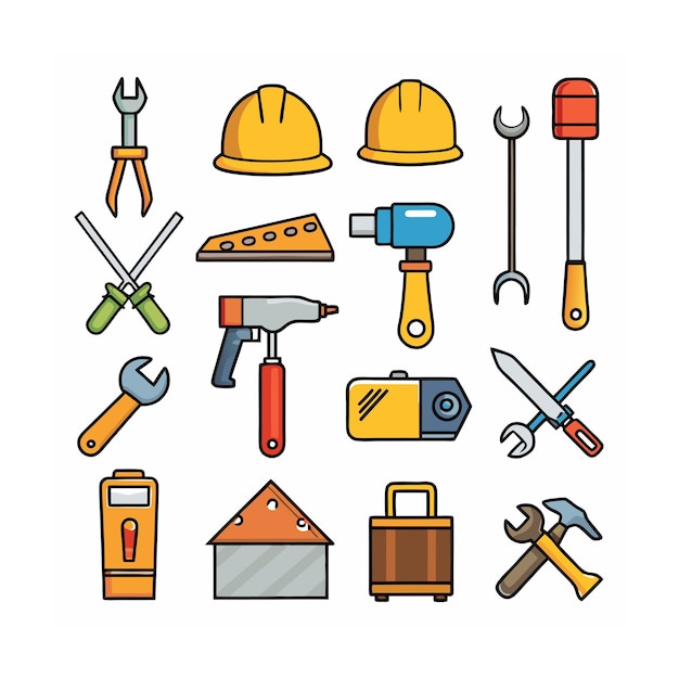 Ilustración vectorial del conjunto de iconos de construcción y herramientas
