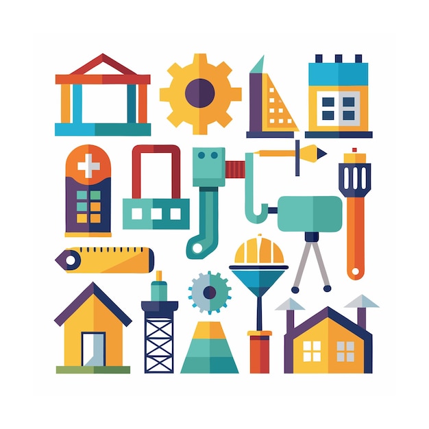 Ilustración vectorial del conjunto de iconos de construcción y herramientas