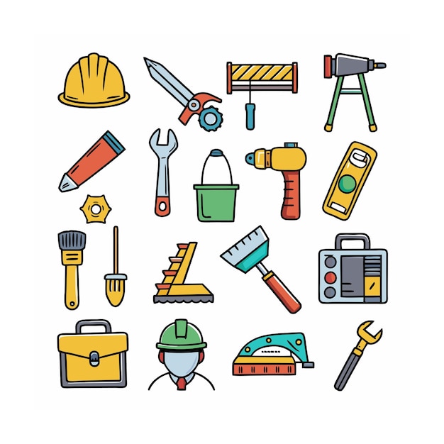 Ilustración vectorial del conjunto de iconos de construcción y herramientas