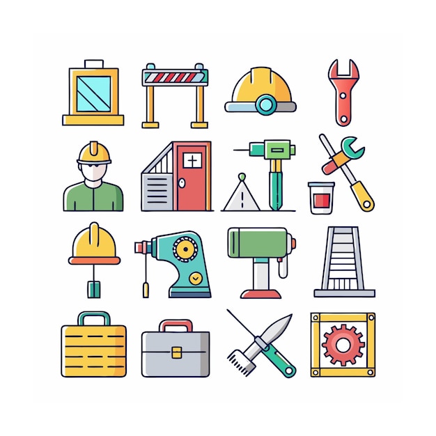 Ilustración vectorial del conjunto de iconos de construcción y herramientas
