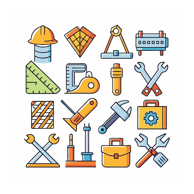 Ilustración vectorial del conjunto de iconos de construcción y herramientas