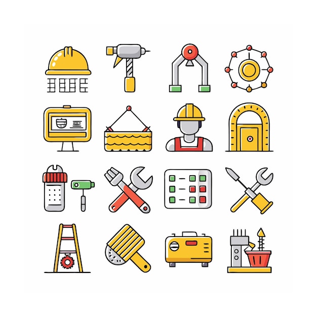 Ilustración vectorial del conjunto de iconos de construcción y herramientas