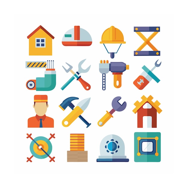 Ilustración vectorial del conjunto de iconos de construcción y herramientas