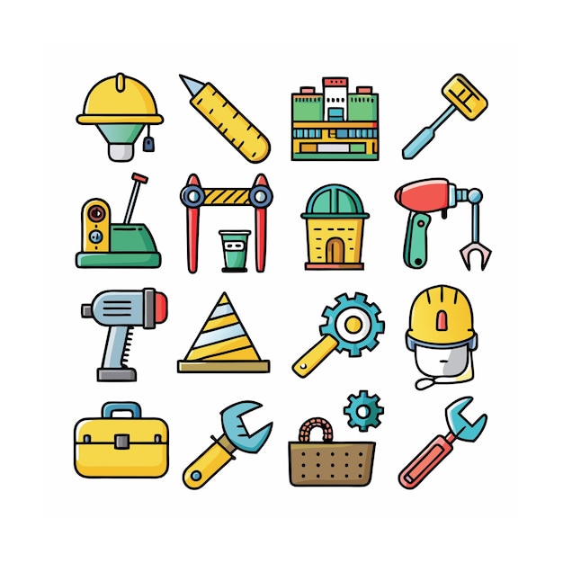 Ilustración vectorial del conjunto de iconos de construcción y herramientas