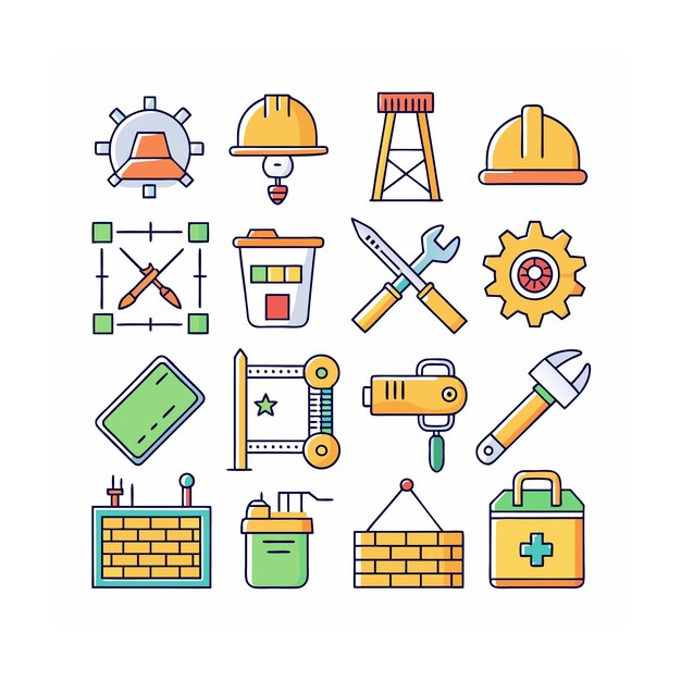 Ilustración vectorial del conjunto de iconos de construcción y herramientas