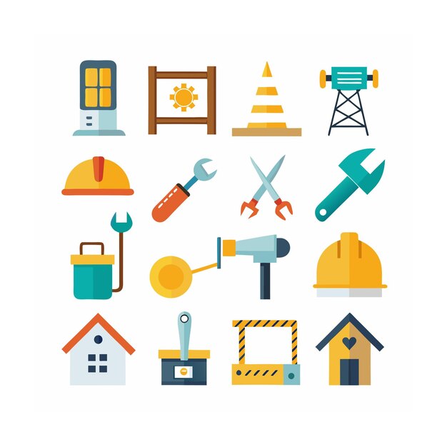 Ilustración vectorial del conjunto de iconos de construcción y herramientas