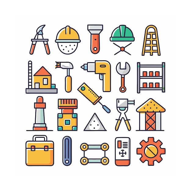 Ilustración vectorial del conjunto de iconos de construcción y herramientas