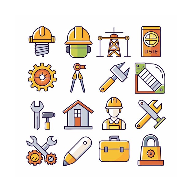Ilustración vectorial del conjunto de iconos de construcción y herramientas
