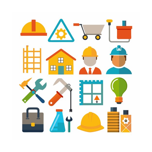 Ilustración vectorial del conjunto de iconos de construcción y herramientas