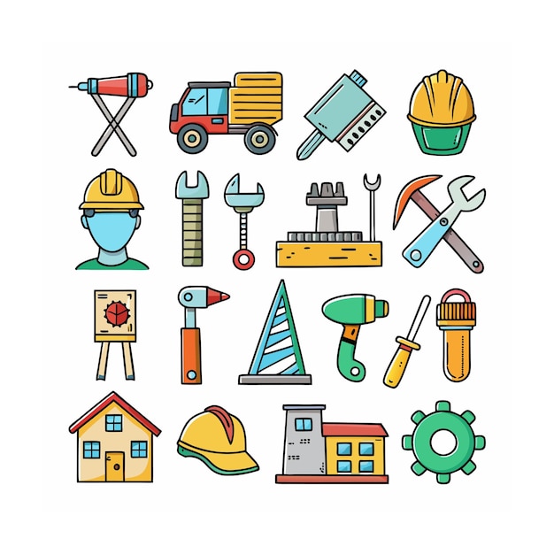 Ilustración vectorial del conjunto de iconos de construcción y herramientas