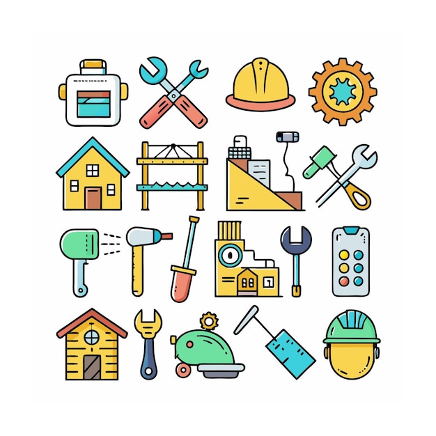 Ilustración vectorial del conjunto de iconos de construcción y herramientas
