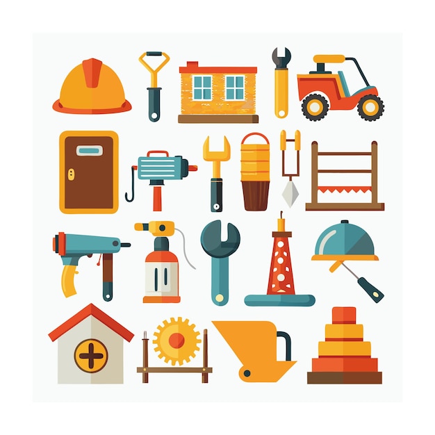Ilustración vectorial del conjunto de iconos de construcción y herramientas
