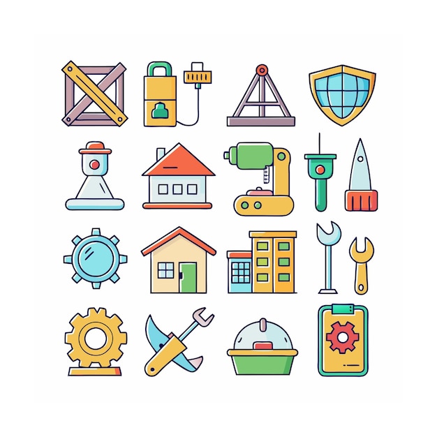 Ilustración vectorial del conjunto de iconos de construcción y herramientas