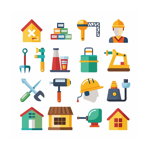 Ilustración vectorial del conjunto de iconos de construcción y herramientas