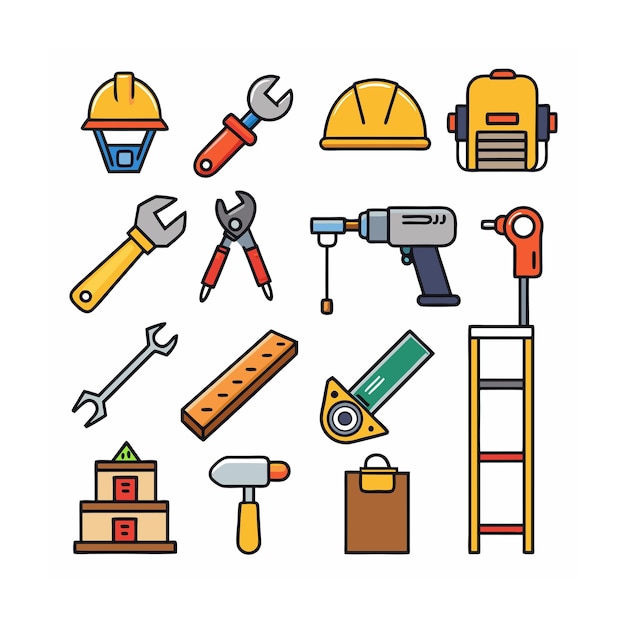Ilustración vectorial del conjunto de iconos de construcción y herramientas