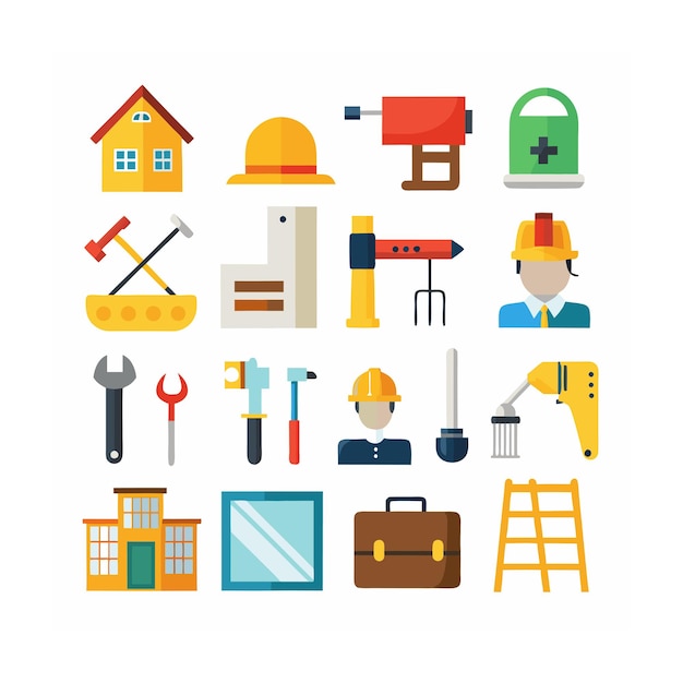 Ilustración vectorial del conjunto de iconos de construcción y herramientas