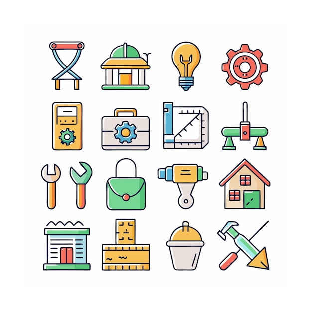 Ilustración vectorial del conjunto de iconos de construcción y herramientas