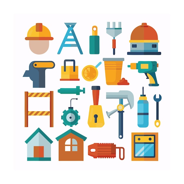 Ilustración vectorial del conjunto de iconos de construcción y herramientas