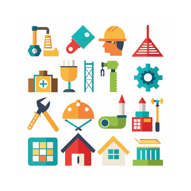 Ilustración vectorial del conjunto de iconos de construcción y herramientas