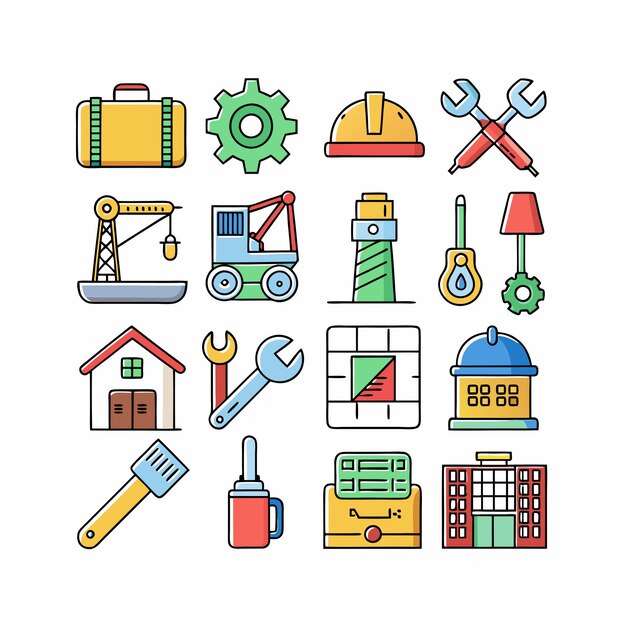 Ilustración vectorial del conjunto de iconos de construcción y herramientas