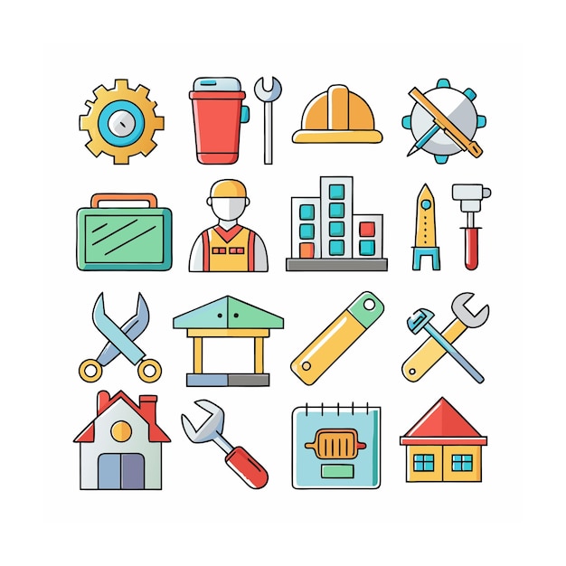 Ilustración vectorial del conjunto de iconos de construcción y herramientas