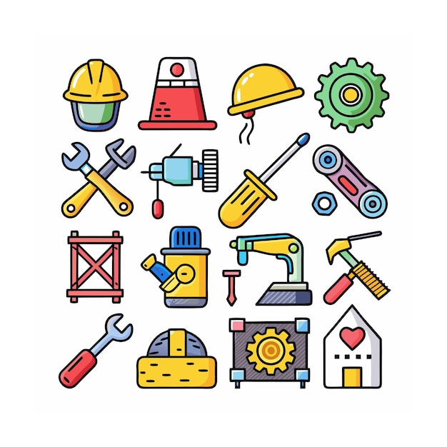Ilustración vectorial del conjunto de iconos de construcción y herramientas