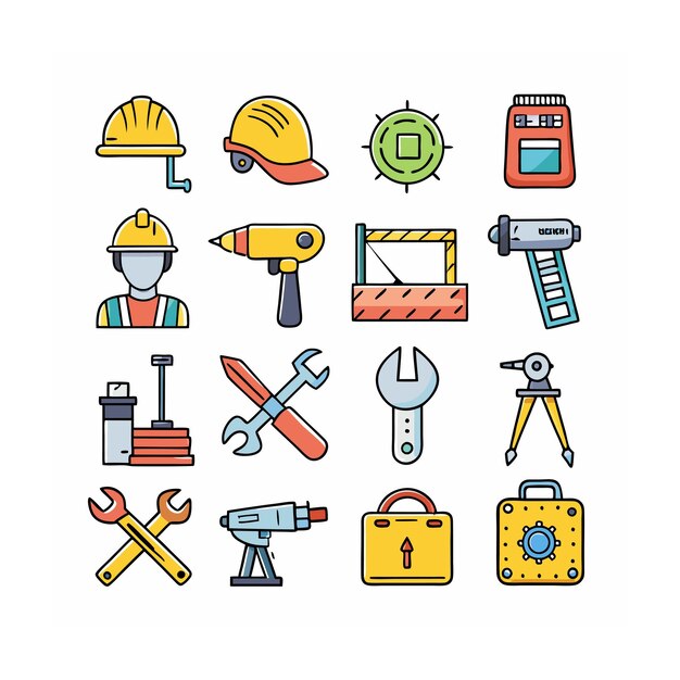 Ilustración vectorial del conjunto de iconos de construcción y herramientas