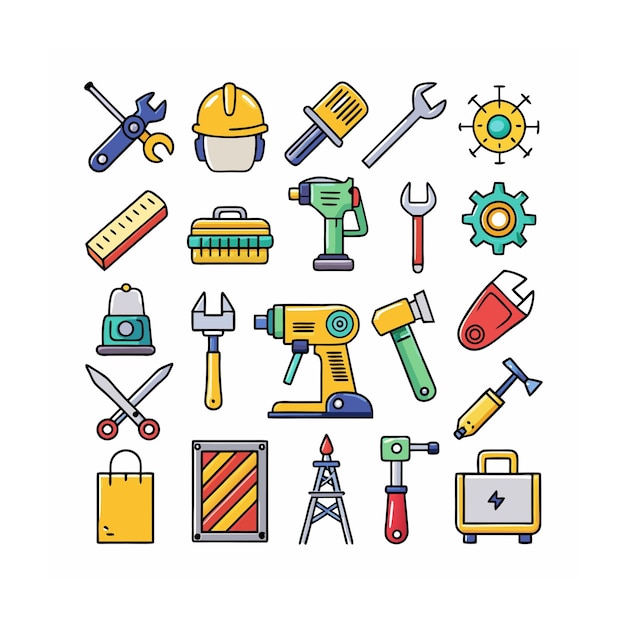 Ilustración vectorial del conjunto de iconos de construcción y herramientas