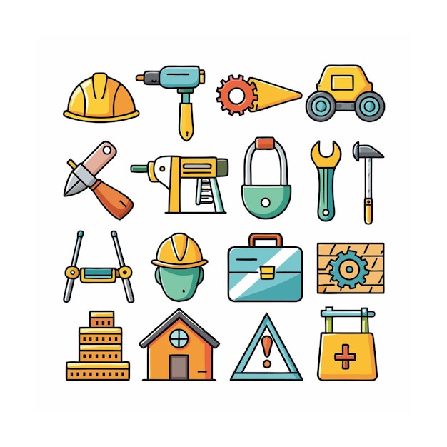 Ilustración vectorial del conjunto de iconos de construcción y herramientas