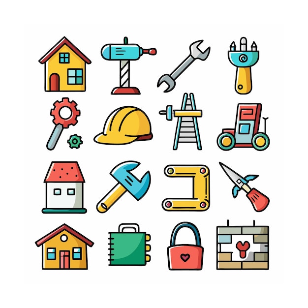 Ilustración vectorial del conjunto de iconos de construcción y herramientas