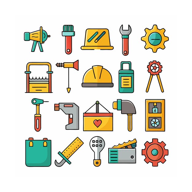Ilustración vectorial del conjunto de iconos de construcción y herramientas