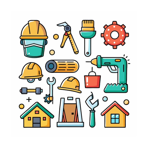 Ilustración vectorial del conjunto de iconos de construcción y herramientas